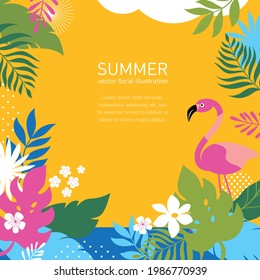 Poster with jungle exotic leaves. Cartoon vector illustration, banner, art print . Hello summer bright background