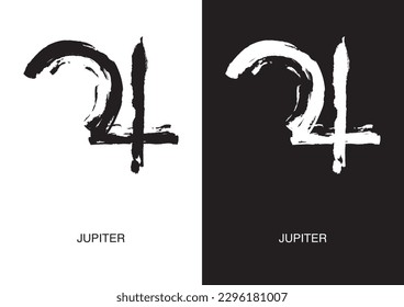 Poster of Jupiter astrological symbol in two color versions. Planet glyph. Black ink handwriting. Vector.