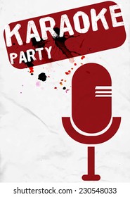 Poster for karaoke event on white rumpled paper with ink splash. Vector red retro microphone.