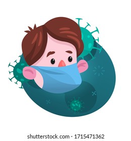 Poster of a Kid Boy Wearing Protective Mask Protecting Him from Virus from Sick and Coughing People. Poster isolated on white space . Vector illustration.