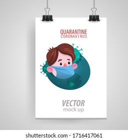 Poster of a Kid Boy Wearing Protective Mask Protecting Him from Virus from Sick and Coughing People. Poster isolated on white space . Vector illustration.