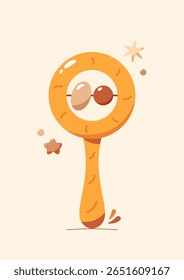 A poster or kid's card with a baby rattle drawn in soft bohemian colors and tiny elements around.