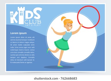 Poster for kids club with cute teen girl with hula-hoop, creative child practicing arts. Extra-curricular activities. Colorful vector illustration