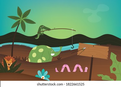 Poster for kids with cute cartoon jungle animals . Vector illustration on gradient background