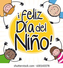Poster with kids rising their hands of pure joy wishing you a happy Children's Day (written in Spanish).