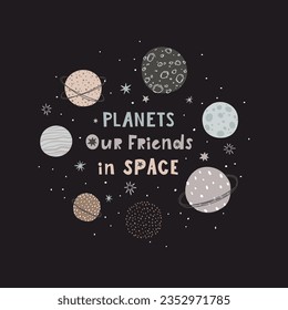 Poster for kids room with planets, starry sky and hand drawn lettering