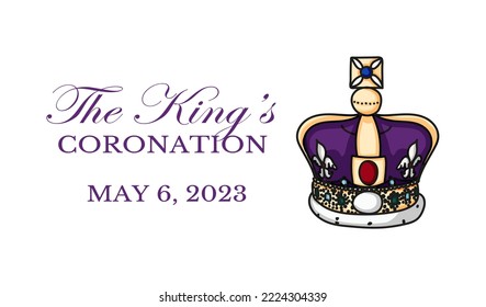 Poster for King Charles III Coronation with British flag vector illustration. Greeting card for celebrate a coronation of Prince Charles of Wales becomes King of England. 