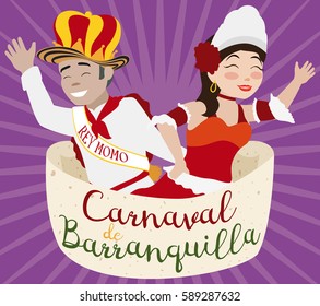 Poster with King Momo and Barranquilla's Carnival (written in Spanish) Queen saluting the people and proclaiming the fun and festive events of this Colombian celebration.