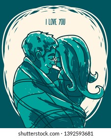 Poster with kissing couple in hand drawn cartoon style, can be used for valentine's day, winter palette, vector illustration