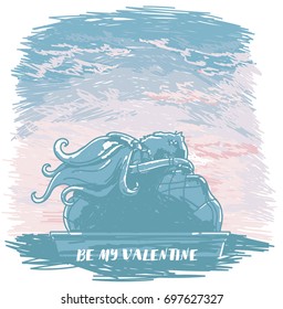 poster with kissing couple silhouette on sunrise or tender sunset background  in sketch style, artistic banner for valentine's day, vector illustration