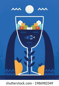 Poster for kitchen, cafe or restaurant minimalistic picture night and sea. Mediterranean cuisine with fish, fruit and wine. City lights on the sea at night