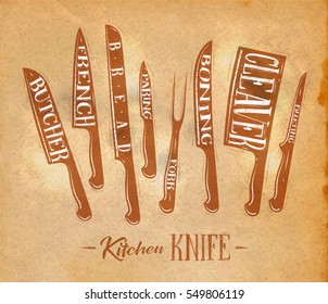 Poster kitchen meat cutting knifes butcher, french, bread, paring, fork, boning, cleaver, filleting drawing in retro style on craft paper background