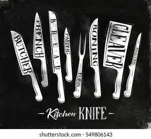 Poster kitchen meat cutting knifes butcher, french, bread, paring, fork, boning, cleaver, filleting in vintage style drawing with chalk on chalkboard background