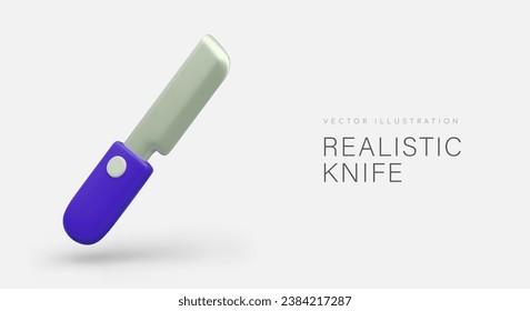 Afiche con cuchillo con mango de plástico azul. Placard con cuchillo de cocina, cuchillo de carne de carnicero para tienda. Ilustración vectorial en estilo 3d con lugar para texto