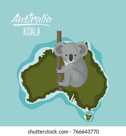 poster koala in australia map in green surrounded by the ocean