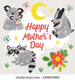 poster with koala, raccoon and badger. Mother and baby - vector illustration, eps