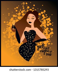 Poster for Ladies night party with glamour woman drinking champagne, can be used for hen-party or as poster for cabareat show, gold and black, vector illustration