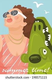 poster lady in sunglasses with a crocodile portrait