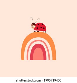 a poster with a ladybug and a rainbow is a vector illustration in a flat doodle style. Print for textile clothing. Children s cute illustration. Postcard in Scandinavian.
