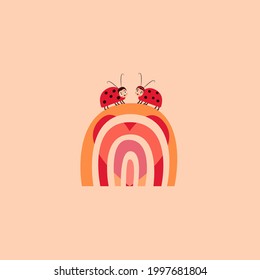 Poster with ladybugs on rainbow hearts vector style of flat doodles. Love, a couple. Print for textile clothing. A cute children illustration. Postcard Scandinavian language. Isolated white background