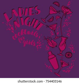 Poster for lady`s night party with glamour cocktails, splashes and place for text, vector illustration