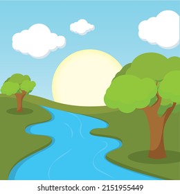 Dibujo vectorial del paisaje forestal del lago de poster