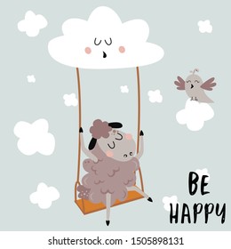 poster with a lamb on a swing - vector illustration, eps