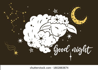 Poster with lamb, stars and the inscription Good night. Vector graphics.