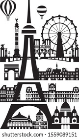 Poster with landmarks of Paris, vector illustration in black and white colors isolated on white background. Vector silhouette Illustration of landmarks of Paris,France. 