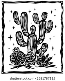 Poster with a landscape of cactus and desert plants. Hand-drawn balanced composition in the style of woodcut or linocut. Vector illustration