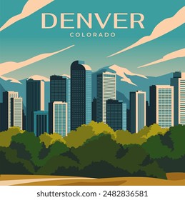 Poster with landscape of Denver, Colorado. Modern cityscape of USA city with skyscrapers of business center, mountains and natural parks. Tourism and travel destinations. Cartoon vector illustration