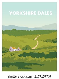 ilustración de afiche paisaje de yorkshire dales unió reino con estilo minimalista.