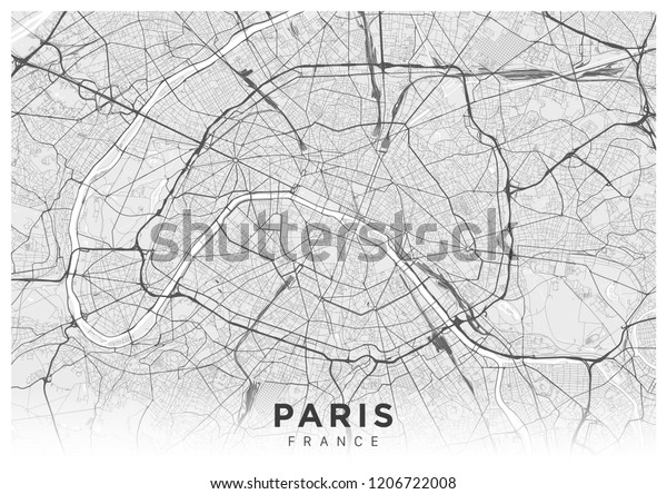 パリ市の地図のポスター 風景の向き パリの詳細な道路地図 フランス パリの街の交通システムを示す白黒のイラスト パリ の通り のベクター画像素材 ロイヤリティフリー