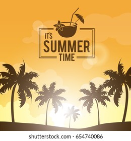 poster landscape of palm trees on the beach with logo summer time and cocktail coconut