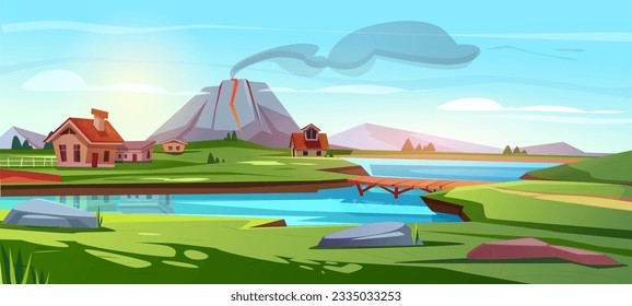 Poster with landscape and volcano. Horizontal banner with empty village houses, grass and lake or river. Volcanic eruption and dangerous natural disaster concept. Cartoon flat vector illustration