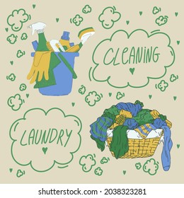 Poster for the Laundry room. An illustration with a bucket and a basket with dirty laundry in the doodle circle. Cartoon pictures with inscriptions of laundry and cleaning service. Vector illustration