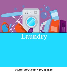 Poster laundry. Washing machine and laundry detergent. Vector illustration