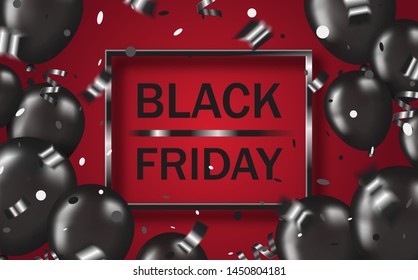 Poster layout black friday with black balloons, confetti, serpentine and frame on red backdrop
