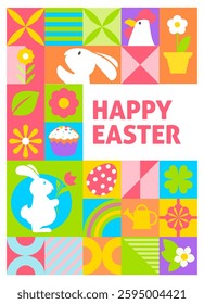 Poster layout A bright Easter vector illustration featuring a patchwork of holiday elements, including bunnies, flowers, eggs, and geometric patterns. Ideal for cards and prints.