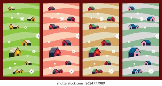 Diseño de póster de la vivienda en el campo que se muestra en variaciones de color estacionales, incluida la primavera, el verano, el otoño y el invierno, con Elementos paisajísticos rurales encantadores y pacíficos.
