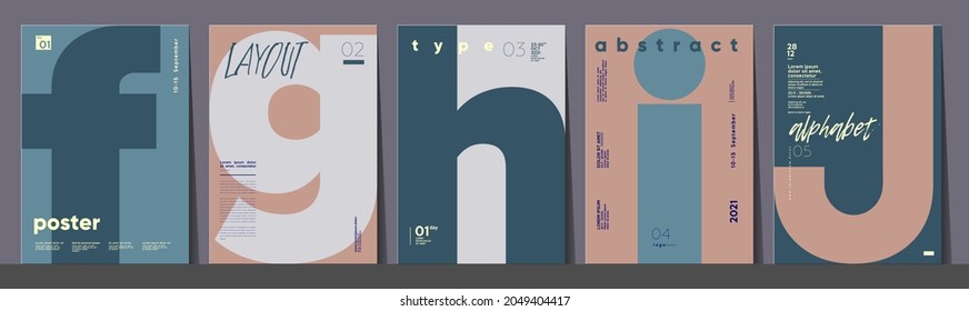 Poster layout design. Letters F,G,H,I,J. Alphabet. Template poster, banner, magazine mockup.