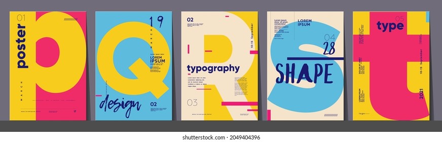 Poster layout design. Letters P,Q,R,S,T. Alphabet. Template poster, banner, magazine mockup.