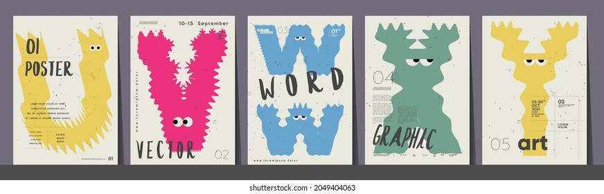 Poster layout design. Letters U,V,W,X,Y. Alphabet. Cute monsters. Template poster, banner, flyer.