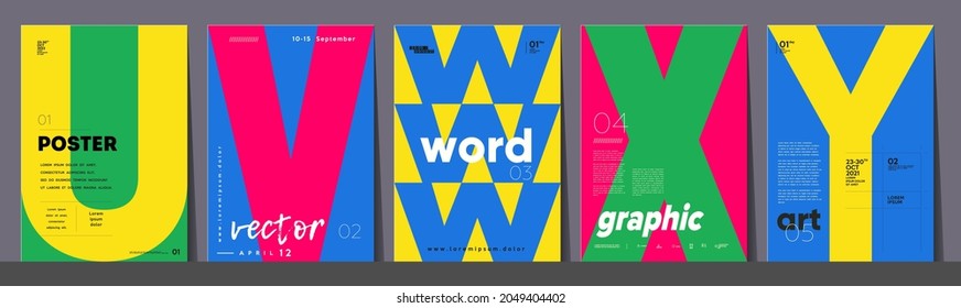 Poster layout design. Letters U,V,W,X,Y. Alphabet. Template poster, banner, magazine mockup.