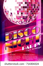 poster layout disco night party with purple disco ball vector
