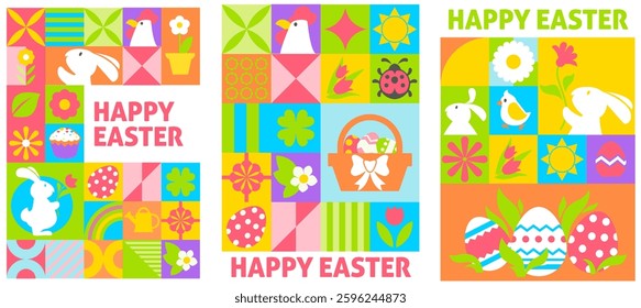 Poster layout lively and colorful vector Easter illustration with patchwork elements, including rabbits, flowers, and geometric designs. Ideal for holiday decor, cards, and fabric patterns.