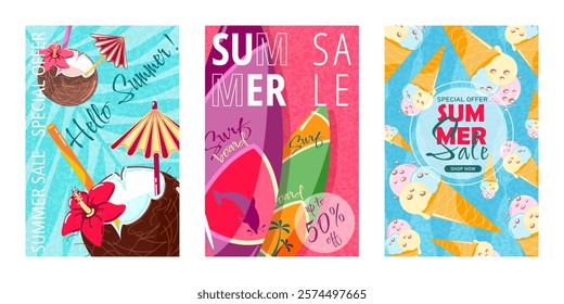 Poster layout for summer sales. A set of three templates with a bright design. Surfboards, cone ice cream, coconut cocktail.