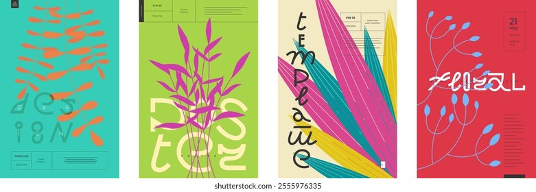 Poster layouts feature abstract graphic leaves, branch and plants on trendy color backgrounds with creative modern typography. Combining minimalist and postmodern styles. Contemporary art event prints