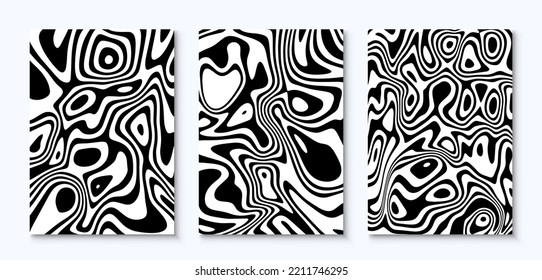 Poster layouts with wavy lines. Twisted black and white backgrounds. Abstract dynamic lines. Simple geometric waves design template.