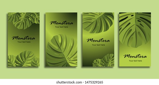 Poster with leaf monstera on green background. Design in the style of wealth and luxury. Everything built on layers. Business card for print design.